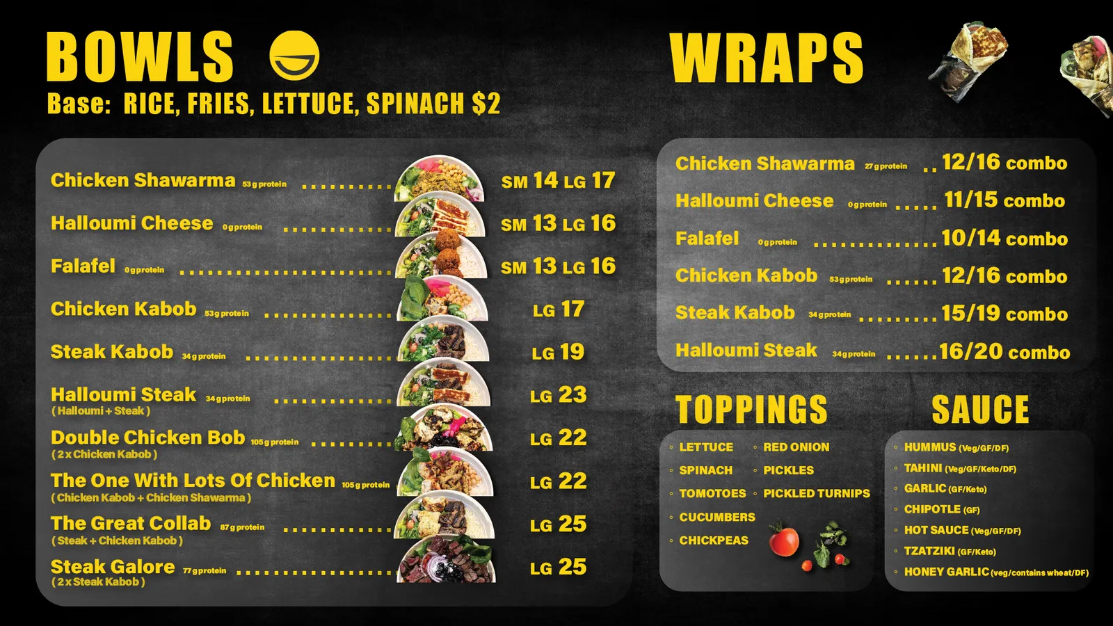 Chickpz menu board: bowls and shawarmas & wraps